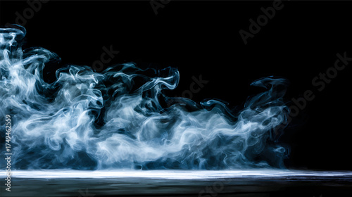 A swirling cloud of smoke against a black background, creating a dramatic and mysterious atmosphere