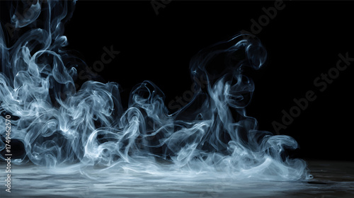 A swirling cloud of smoke against a black background, creating a dramatic and mysterious atmosphere