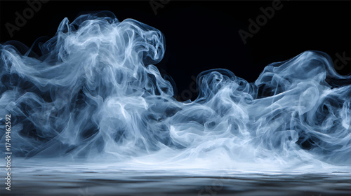 A swirling cloud of smoke against a black background, creating a dramatic and mysterious atmosphere