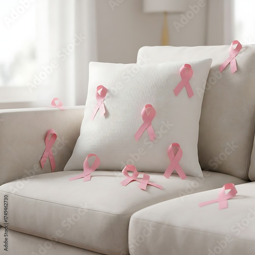 Pink ribbons on a couch symbolizing breast cancer awareness and support