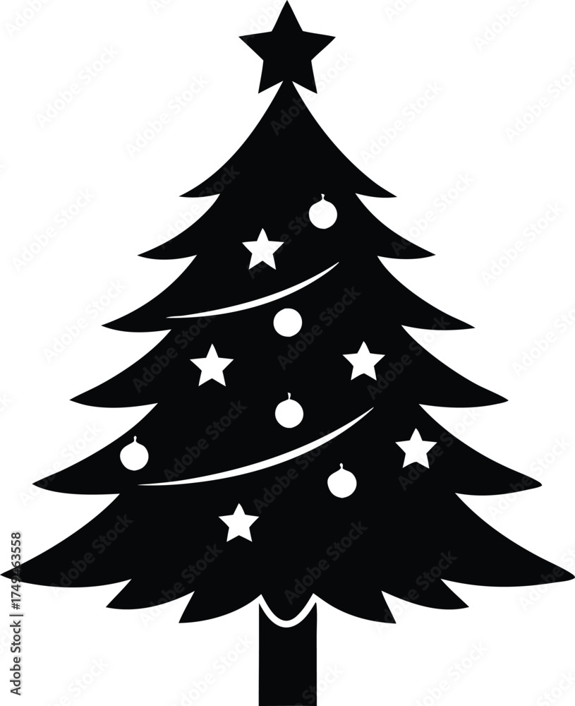 Fototapeta premium Christmas Tree Black Silhouette Vector Illustration. Pine Tree Black Silhouette - Christmas Design.