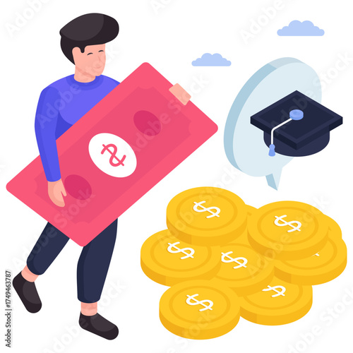 Mortarboard with dollar, isometric design of educational fund