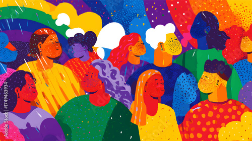 A vibrant and colorful illustration of diverse people with various hairstyles and expressions, set against a rainbow background