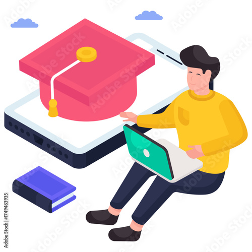 Mortarboard inside smartphone, illustration of learning app