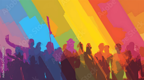 A vibrant and colorful illustration of diverse people with various hairstyles and expressions, set against a rainbow background