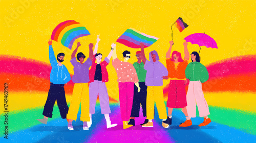 A vibrant and colorful illustration of diverse people with various hairstyles and expressions, set against a rainbow background
