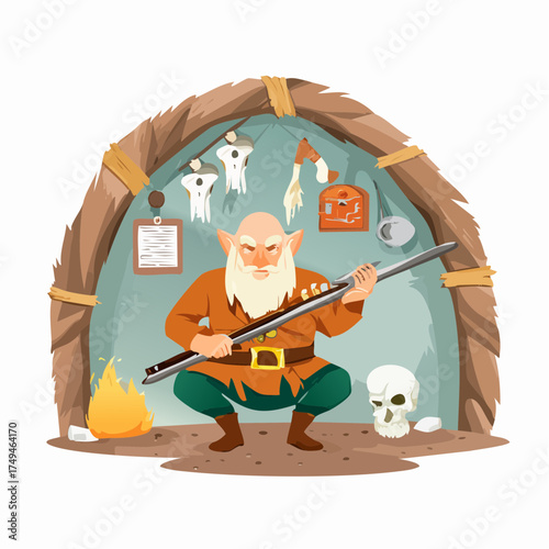 Dwarf with sword in cave