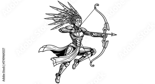 A futuristic warrior figure, adorned with feathers, draws a bow and arrow, ready to fire.