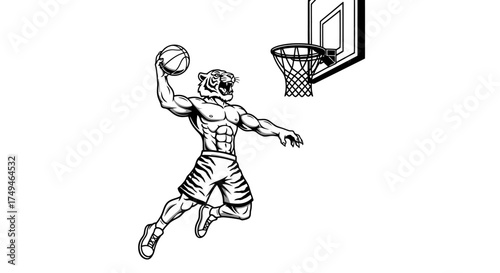 A tiger-headed muscular figure in shorts leaps towards a basketball hoop, holding a ball ready to dunk.