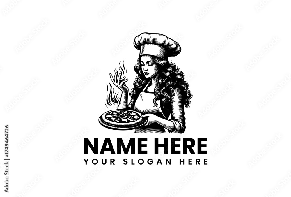 Naklejka premium Classic emblem featuring a woman cook in a chef hat presenting a freshly baked pizza, retro style vector logo design for an Italian food business