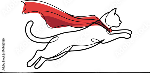 Minimal Continuous Line Super Cat Drawing – Simple Kitty Hero Outline on White