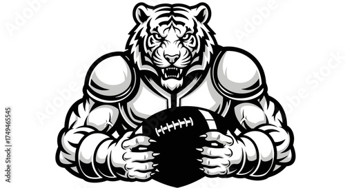 A muscular tiger mascot holding a football, ready for a game, in a strong pose.