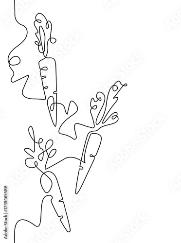 Carrots. Continuous line drawing style. Vertical Seamless pattern with fresh vegetables isolated on a white background. Vector illustration.	