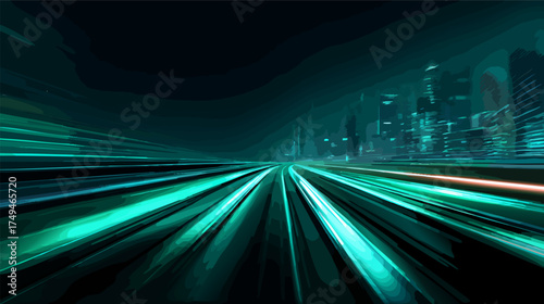 Abstract light trails in green and yellow colors over a dark background, representing speed and motion in a cityscape