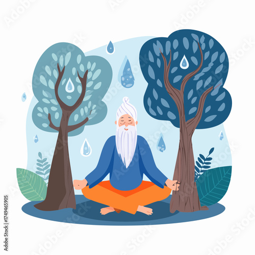 Elderly man meditating peacefully in rainy nature
