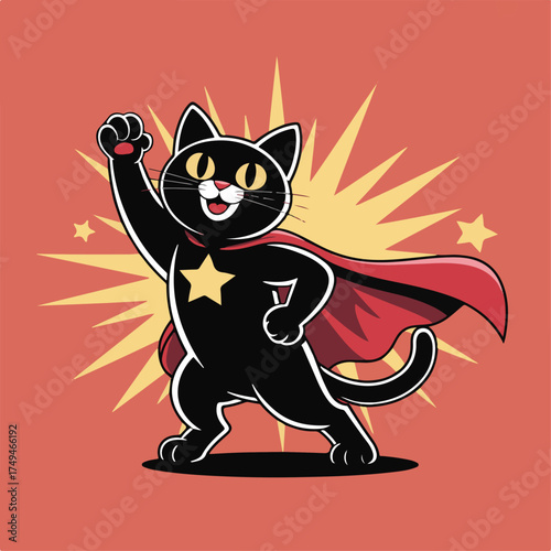Superhero Cat Cartoon Illustration – Funny Kitty with Cape, Hero Pose, White Background