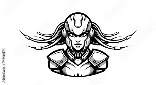 Futuristic woman with helmet and cables, wearing shoulder armor, in a black and white vector illustration.