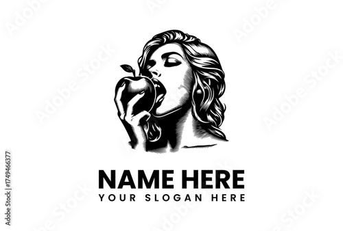 Vintage-inspired illustration of a woman smelling an apple, symbolizing temptation and organic freshness