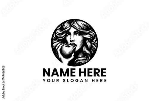 Eve with Apple A symbolic logo for your brand. Monochromatic design of a woman holding a fruit, perfect for a natural or feminine brand