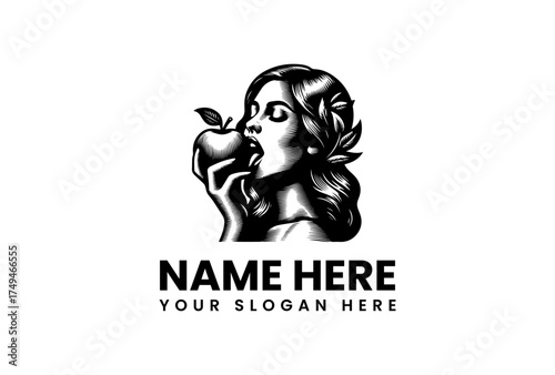 Elegant black and white emblem of a mythological goddess with a leaf wreath biting into a fresh apple, a symbol of natural beauty and temptation