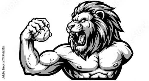 Muscular lion flexing its biceps, holding a baseball, with a fierce expression.