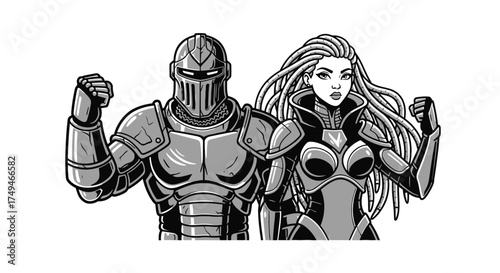 Armored knight and female warrior pose together, flexing their muscles in a monochrome illustration.