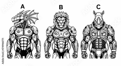 Three animal-humanoid figures: a dragon, a lion, and a rhinoceros, all wearing futuristic armor.