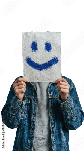 Person Holding Smiley Face on Paper with Blue Paint and Denim Jacket