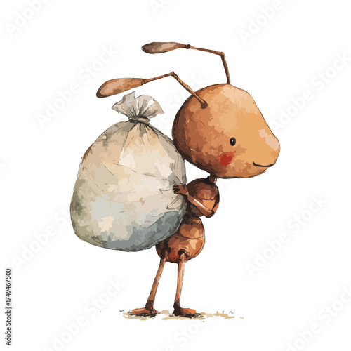 Cute Ant Carrying Heavy Bag Illustration Diligent insect character working hard watercolor style.