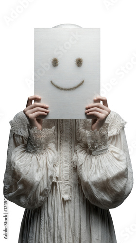 Joyful Expression with Handmade Smiley Face in Vintage White Dress