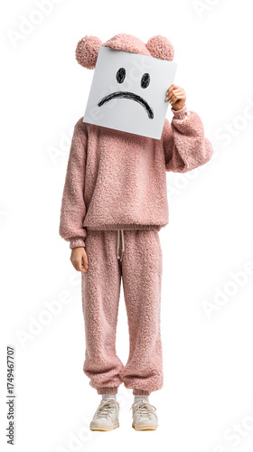 Person in Pink Fuzzy Outfit Holding Sad Face Sign Against Transparent Background