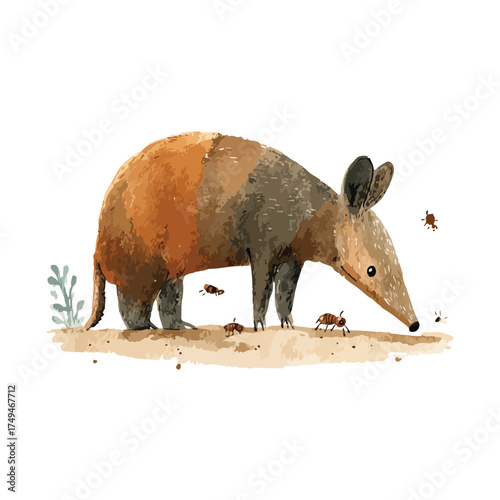Cute Anteater Illustration Foraging Ants Watercolor Style.