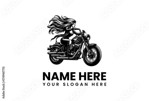 Motorcycle Rider Silhouette Logo Design Vintage Style with Flowing Hair and Customization Options