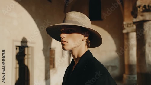 young man wearing stylish hat stands confidently under arch casting shadow that perfectly aligns with architectural