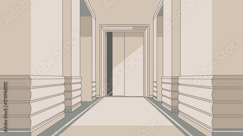 A hallway with pillars and an elevator at the end of the hall in a cartoon style image scene view