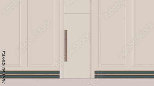 Close up of a modern kitchen cabinet with a long handle and decorative molding in a neutral color