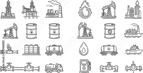 Fuel industry line icons showcasing oil rigs, tankers, and factories for your next energy project