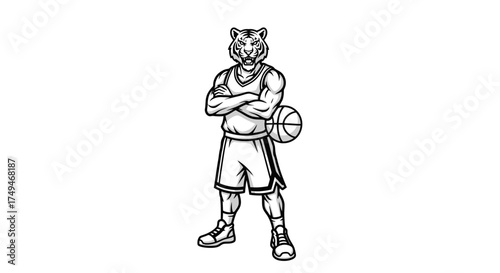 Tiger mascot stands with arms crossed, holding a basketball.