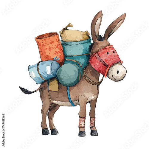 Hardworking Loaded Donkey Carrying Bags Watercolor Illustration.