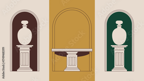 Illustration of vases and a table in arched niches with brown green and gold color scheme design
