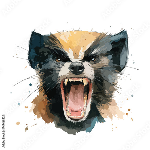 Fierce Wolverine Roaring Watercolor Illustration.