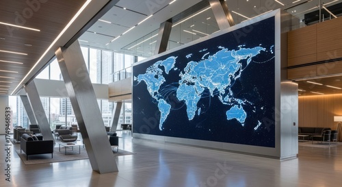 Modern Lobby with World Map Display and Architectural Columns