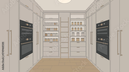 A kitchen design featuring built in ovens storage cabinets and a ladder in a symmetrical arrangement