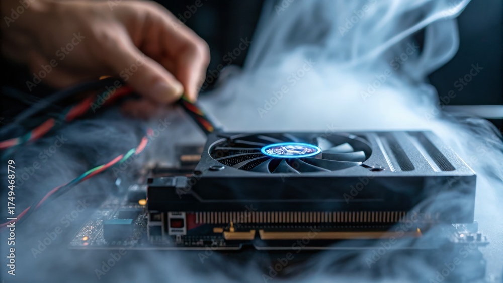 Obraz premium Exciting moment as a graphics card connects amidst swirling vapor clouds Generative AI