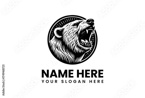 Roaring bear head logo illustration conveying immense strength, wild power, and fierce determination. A detailed graphic of an aggressive animal for powerful brand identities