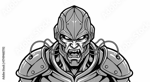 Illustration of an aggressive cyborg warrior with visible fangs and metallic armor, glaring intensely.