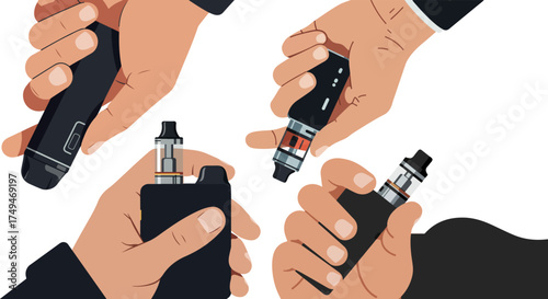 Hands holding various vape devices showcasing different styles and technologies