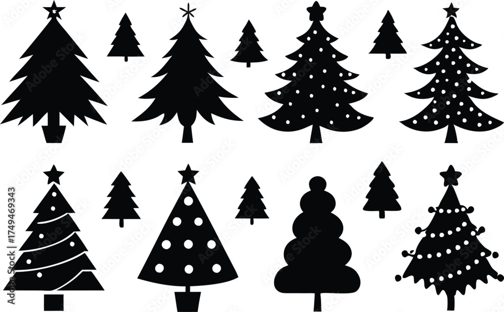 Obraz premium Christmas Tree Icons Set - Minimalist Vector Evergreen Trees for Holiday Design