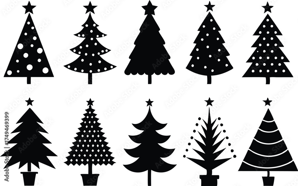 Obraz premium Christmas Tree Icons Set - Minimalist Vector Evergreen Trees for Holiday Design