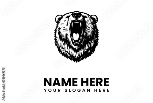 Detailed black and white vector illustration of a ferocious grizzly bear head roaring, a powerful emblem for a sports mascot or brand logo